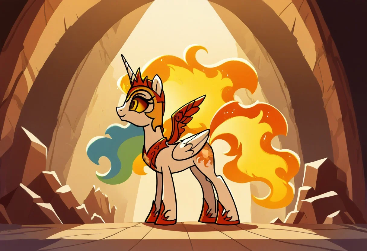 score_9, score_8_up, score_7_up, score_6_up, score_5_up, score_4_up, The dark side of Celestia, Daybreaker, alicorn pony, g5, rich colors, crystal castle, Crystal Empire, crystal heart in the center of the square, presents a painting of rabbits and pony, aroused, front view, detailed background, pony, solo, detailed, 8k quality, side view, beautiful, teasing, easel and brushes, leaned to the floor, free actions,