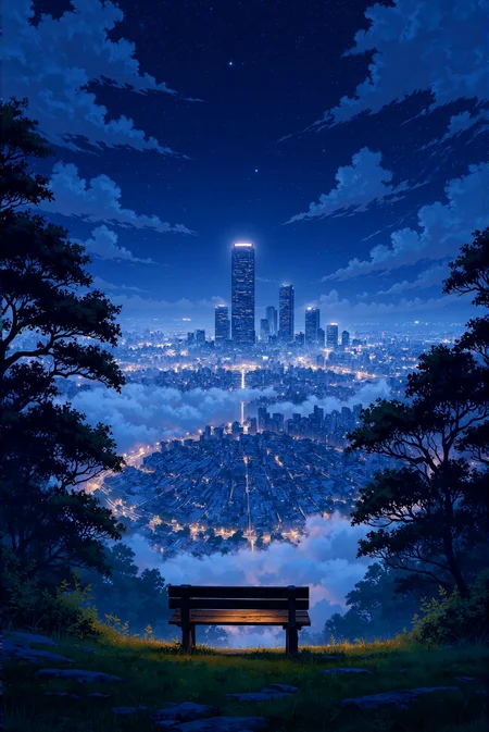 <lora:Vibrantly_sharp_style_v.2:0.9> Vibrantlysharp style.  A single wooden bench sits atop a secluded hillside, offering a panoramic view of a sprawling metropolis bathed in the cool glow of the night. The city's skyline rises in the distance, its towering skyscrapers adorned with glowing windows that resemble constellations scattered across an urban cosmos. Soft blue light emanates from the tallest buildings, their sleek glass facades reflecting the vast, cloud-streaked sky above. Wisps of nocturnal mist drift over the treetops, partially veiling the city's edges in a hazy luminescence. The foreground is framed by dark silhouettes of dense foliage, adding depth and contrast to the composition. Above, the heavens stretch infinitely, with faint celestial bodies barely visible through the moving clouds, casting an ambient glow over the quiet overlook. The setting exudes a melancholic serenity, a perfect fusion of contemporary cityscape illustration and atmospheric anime-inspired solitude, portraying a peaceful moment of introspection beneath the vastness of the urban night.