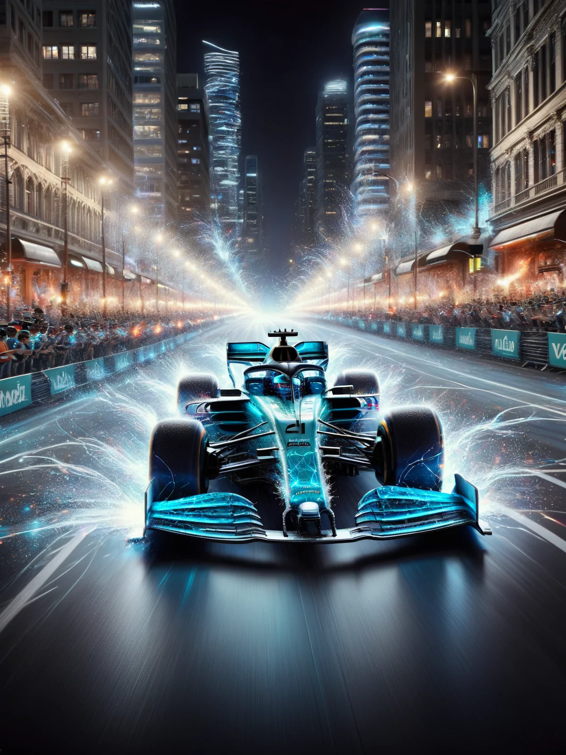 An ais-sparkz F1 car racing down the home straight during a city night race <lora:Sparks_Style_SDXL:1>