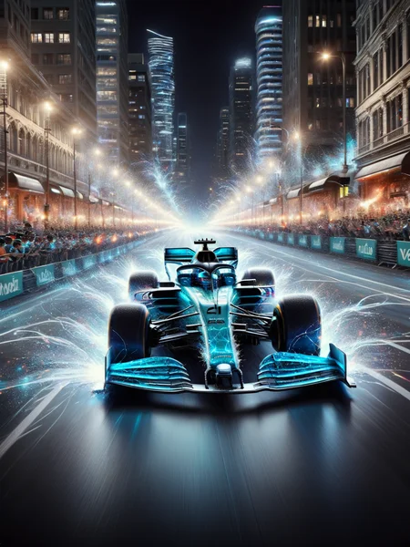 An ais-sparkz F1 car racing down the home straight during a city night race <lora:Sparks_Style_SDXL:1>
