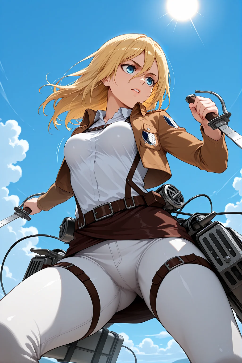 beautiful detailed eyes, masterpiece, best quality, intricate details, absurdres, 1girl, solo,
<lora:P-IL-Historia:1>, h1st0r14, blonde hair, blue eyes, hair between eyes, long hair,
brown jacket, collared shirt, white shirt, open jacket, cropped jacket, paradis military uniform, belt buckle, brown belt, long sleeves, tight pants, white pants, thigh strap,
small breasts, visible breasts, parted lips, eyelashes,
weapon, sword, three-dimensional maneuver gear, dual wielding, training corps (emblem)
((breasts in motion)), dynamic pose, intense movement, action shot, motion blur, (bouncy:1.3), (bouncing breasts:1.2), tight outfit, dramatic perspective, low angle, close-up, from below
blue sky, clouds, sun, flying, speed lines, motion lines, dynamic, speed, hairs floating,