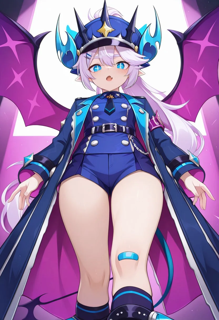 (masterpiece, best quality, highres, very aesthetic, very awa),, 1 girl, LuTMR, white hair, ponytail, very long hair, LuTMR hair, blue eyes, lu eyes, + +, pointy ears, necktie, LuTMR hat, luTMR horns , LuTMR dress, belt, bandaid on knee, kneehighs, LuTMR hairclip, LuTMR shorts, luTMR boots,LuTMR tail, LuTMR Wings, LuTMR jacket, looking at viewer, from below, thick thighs, fang