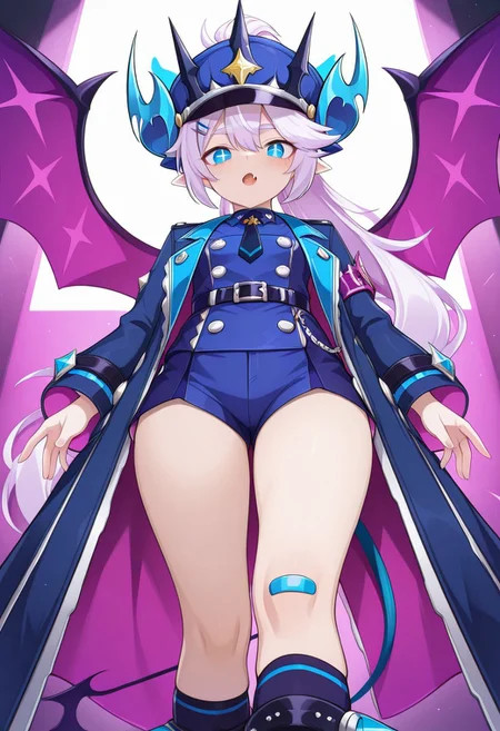 (masterpiece, best quality, highres, very aesthetic, very awa),, 1 girl, LuTMR, white hair, ponytail, very long hair, LuTMR hair, blue eyes, lu eyes, + +, pointy ears, necktie, LuTMR hat, luTMR horns , LuTMR dress, belt, bandaid on knee, kneehighs, LuTMR hairclip, LuTMR shorts, luTMR boots,LuTMR tail, LuTMR Wings, LuTMR jacket, looking at viewer, from below, thick thighs, fang