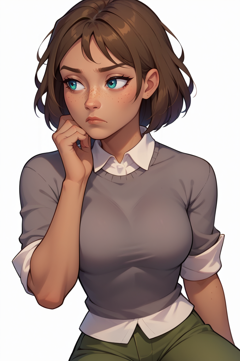 score_9, score_8_up, score_7_up, BREAK, 1girl, solo, breasts,  <lora:courtneytd-guy-PONYv1:1>, courtneytd, dark skin, freckles, grey shirt, collard shirt, sweater, sleeves rolled up, green pants, upper body, white background, sitting, hand on own chin, looking away, bored,