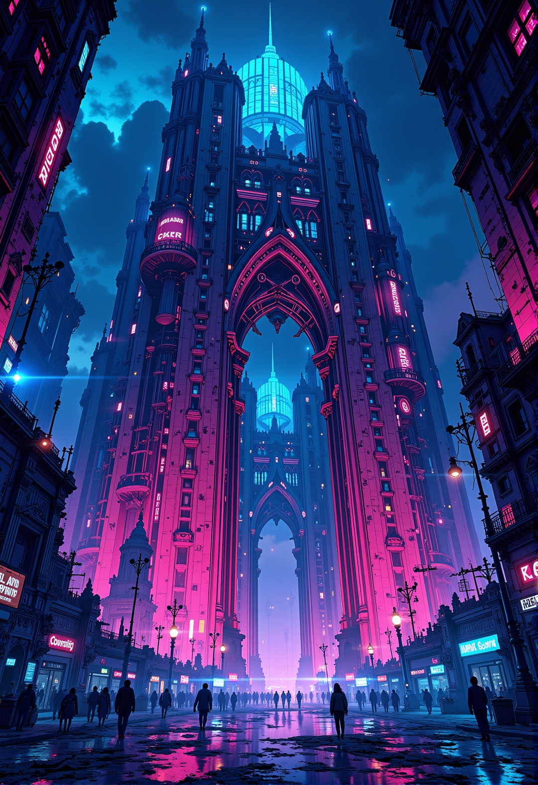 <lora:ck-ghost-reaper-000015:0.9>, This is a digital artwork in the style of ckgr, architectual structure, colossal scale, epic composition, at night, neon lit, bioluminecent