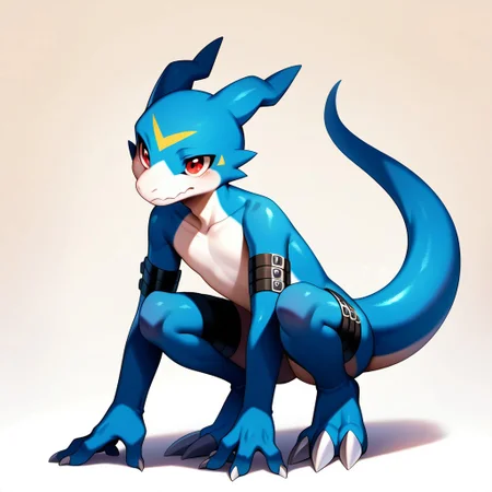 flamedramon, furry, blue skin, red eyes, furry male, score_6_up, score_7_up, score_8, score_9, young, arm belt, thigh strap, full body, squatting