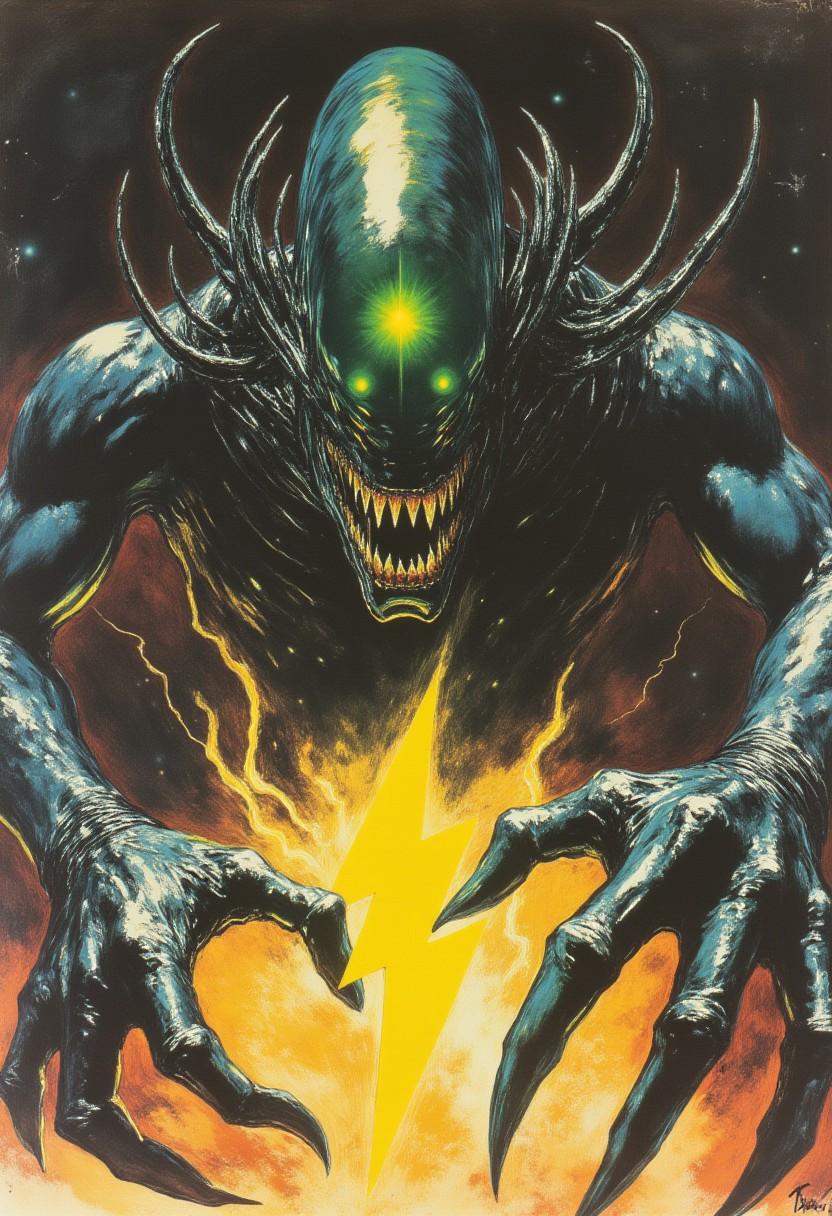 80s vintage pulp sci-fi magazine cover of a Xenomorph holding a yellow lightningbolt symbol