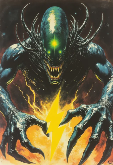 80s vintage pulp sci-fi magazine cover of a Xenomorph holding a yellow lightningbolt symbol