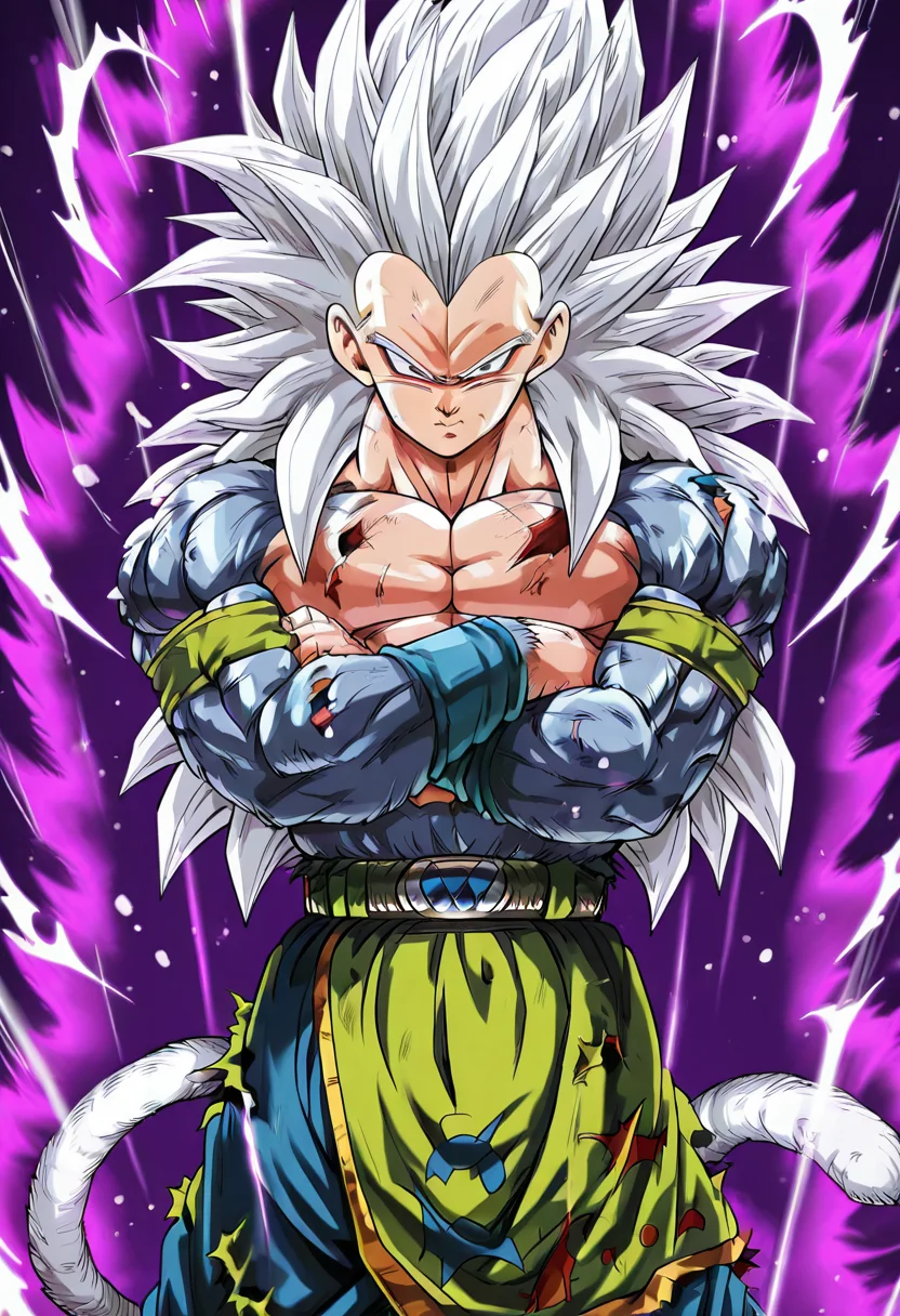 masterpiece, best quality, solo, zzGokuSSJ5, white hair, closed mouth, belt, torn clothes, abs, pectorals, armband, <lora:GokuSuperSaiyan5_IXL:0.8>, muscular, crossed arms, spiked hair, serious, aura, super saiyan, monkey tail, saiyan armor, vegeta, , <lora:DragonballHype_IXL:0.8>,
