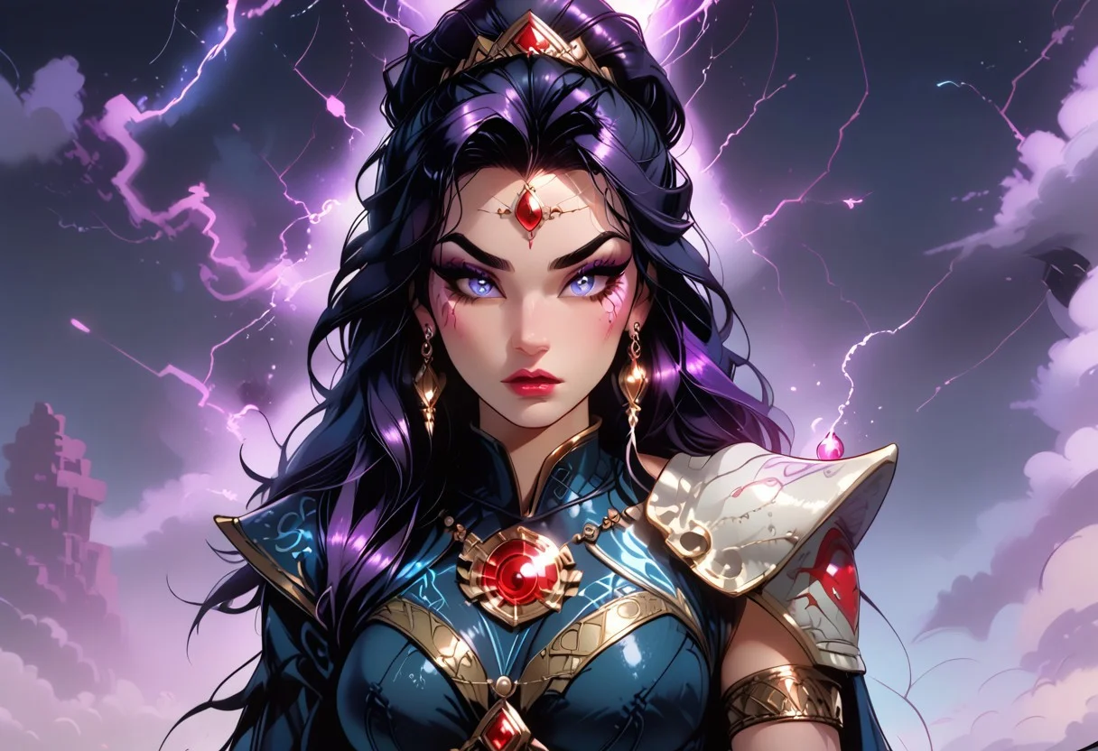 "A tall, beautiful humanoid woman with ivory skin stands amidst a swirling, ethereal storm of blood-red glyphs that orbit around her in rhythmic patterns. Her head is partially concealed beneath a flowing, shadowy mantle, allowing only glimpses of her empyreal blue eyes—pupilless and glowing with a psionic radiance that pierces through the dim twilight around her. In her hand rests a massive greatsword, its surface shimmering with faint arcs of magical energy, reflecting the otherworldly power coursing through her form. Arcane symbols pulse with life around her, radiating a deep crimson light that illuminates the mist-covered terrain at her feet. She stands on the edge of an ancient, arcane battlefield, where the sky above is veiled in dark clouds tinged with purple and silver hues, crackling with faint traces of psychic energy. Floating rocks, bathed in faint blue light, hover nearby as if suspended by her will, while whispers of invisible psionic forces ripple through the air, making the glyphs dance more vibrantly. Her presence commands an aura of serene but unyielding power, the energy around her vibrating with mystical and psychic intensity, shaping the very landscape into a canvas of surreal beauty and latent danger."