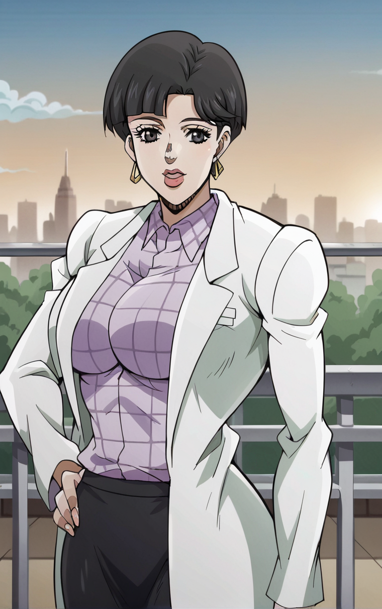 score_9, score_8_up, score_7_up, looking at viewer,  BREAK 
Main_JoJoStardustCrusade_Nurse_ownwaifu,
1girl, black eyes, black hair, shirt tucked in, short hair, jewelry, large breasts, lipstick, bangs, lips, hoop earrings, makeup, bob cut, mature female, long coat,
black pantyhose, black skirt, checkered clothes, collared shirt, earrings, lab coat, labcoat, long sleeves, purple shirt, pencil skirt,
(contrapposto, hand on hip), sunset, sidelighting, cityscape, outdoors, <lora:PONYXL_JoJoStardustCrusade_Nurse_ownwaifu:1> , depth of field, solo,