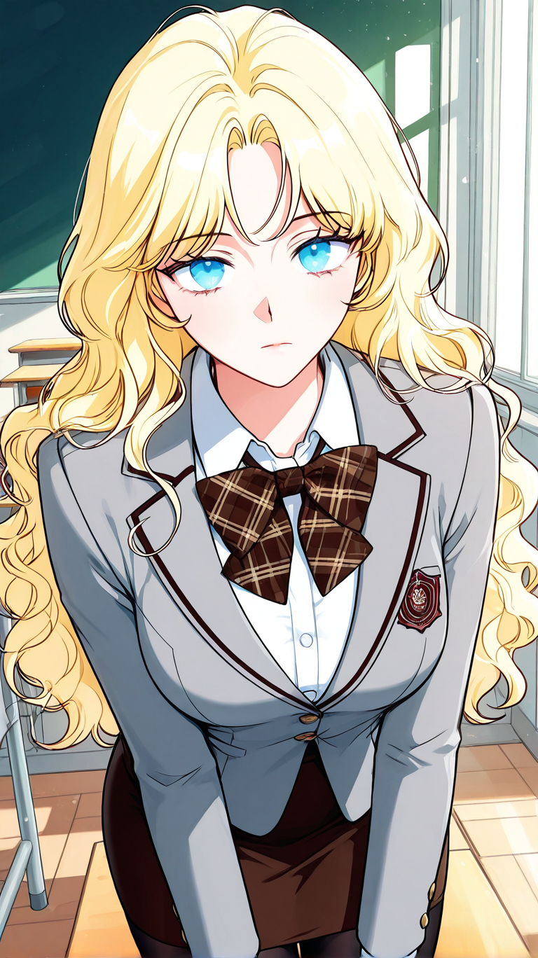 masterpiece,best quality,amazing quality, newest, high res, clean lines, thick lines
1girl, solo, il_lariette, blue eyes, blonde hair, long hair, wavy hair, medium breasts,
school uniform, plaid bowtie, brown bowtie, grey jacket, collared shirt, white shirt, long sleeves, brown skirt, pencil skirt, black pantyhose, expressionless, classroom, indoors, looking at viewer, close-up