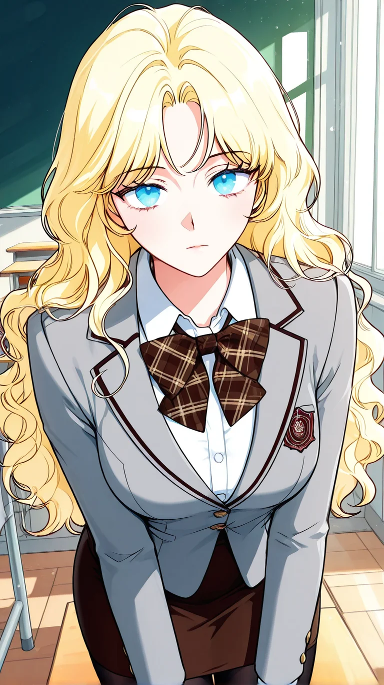masterpiece,best quality,amazing quality, newest, high res, clean lines, thick lines
1girl, solo, il_lariette, blue eyes, blonde hair, long hair, wavy hair, medium breasts,
school uniform, plaid bowtie, brown bowtie, grey jacket, collared shirt, white shirt, long sleeves, brown skirt, pencil skirt, black pantyhose, expressionless, classroom, indoors, looking at viewer, close-up