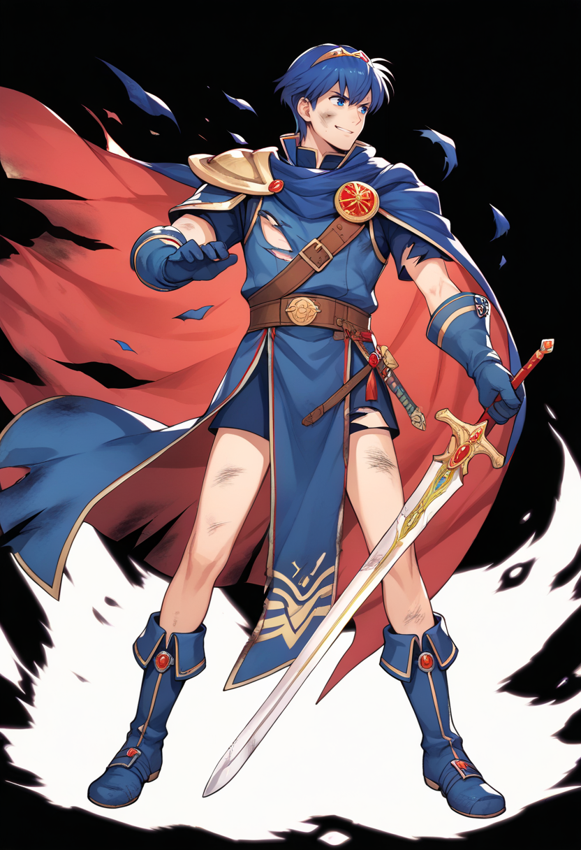 score_9, score_8_up, score_7_up, source_anime BREAK <lora:feh-style-richy-v1_pdxl:1> fehdmg, torn clothes, full body, standing, black background, simple background, 1boy, cape, blue hair, marth \(fire emblem\), sword, holding, tiara, smirk, looking away, bare legs, blue footwear, boots, gloves, falchion \(fire emblem\), bottomless, blue tunic, smile, dirty face,