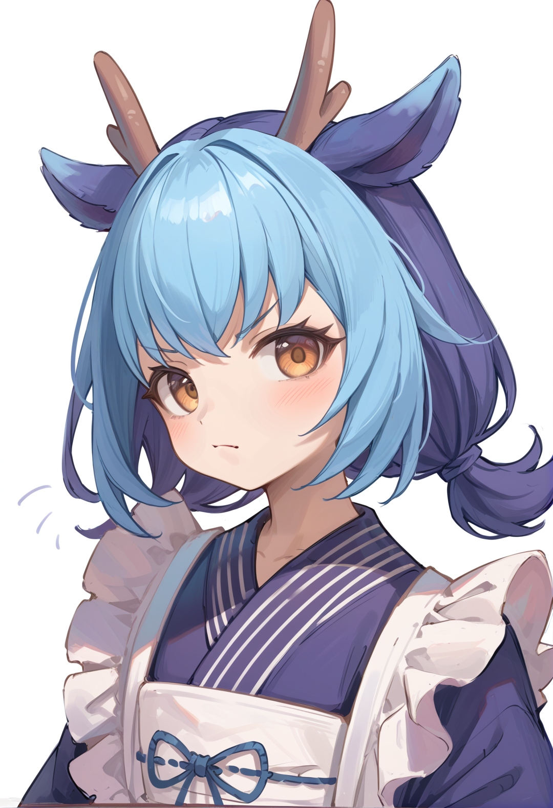 (score_9:0.9),score_8_up,score_7_up,anime style,rating_safe,(zPDXL),<lora:Nurse dragonmaid ponyXL v1:0.73>,laundry dragonmaid, blue maid outfit, 1girl, solo, white background, simple background, blush, upper body, closed mouth, v-shaped eyebrows,
