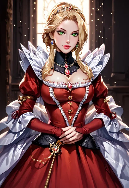 score_9, score_7_up, zPDXL2, high quality, high detail, ((masterpiece:1.2, best quality:1.2, dynamic lighting:1.1,)) (masterpiece), (best quality), (ultra-detailed), aninoblewoma, 1girl, solo, gorgeous lips, Detailed lips, wide lips, puffy lips, dressan elegant face, light particle, particle, shadow, Light particle, medium shot, 70mm film, cowboy shot, straight-on, Bilaterally symmetrical, a voluptuous woman with a curvaceous and shapely figure boobs and hips and slim waist, her boobs threaten to overflow her elegant bodice, wearing a rich red gown with intricate golden lion embroidery,r. Her hair is golden-blonde, cascading in thick, lustrous waves, framing her lively and confidenlt expression. Bright green eyes sparkle with intelligence and mischief, her face smooth and youthful, with a faint flush of vitality. white background. Regal yet approachable, exuding charm and boldness, vivid details, realistic style, warm tones, medieval fantasy, aristocratic elegance, gold and red color palette
