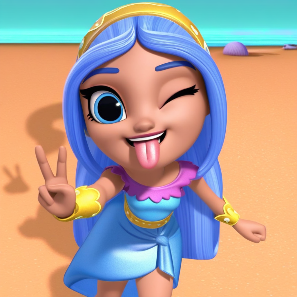 score_9, solo, gigi_sh, 1girl, blue hair, long hair, hairband, blue eyes, dress, wristband, one eye closed, togue, v, looking at viewer, beach