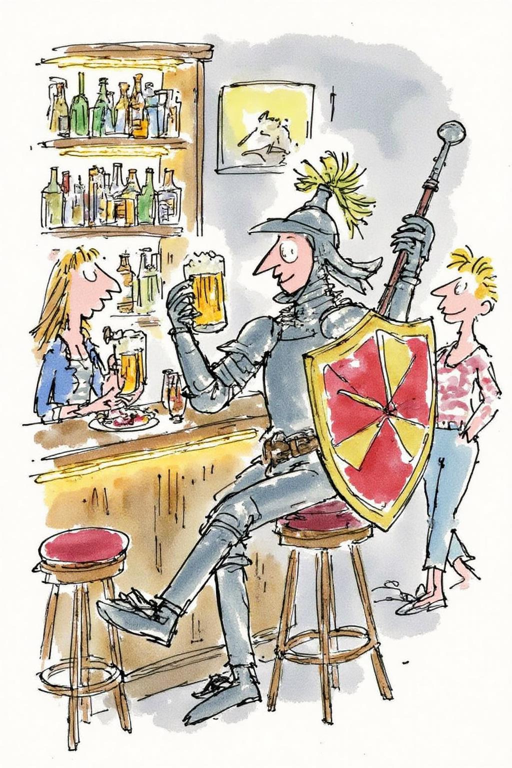 qub1 illustration. 
Don Quixote sitting at a modern bar, enjoying a beer. He wears his classic, medieval armor, slightly tarnished and mismatched, and his signature helmet with a plume. He sits on a high bar stool, holding a frothy pint of beer in one hand, his lance and shield propped up against the bar counter. The bar around him is sleek and contemporary, with neon lights, polished wood, and various bottles lined up on shelves behind him. Other patrons, dressed in modern casual attire, glance curiously at the armored knight. Soft, warm lighting casts a relaxed atmosphere, highlighting the whimsical contrast between Don Quixote and the modern setting. Surreal and humorous, anachronistic, vibrant colors, character-driven scene. <lora:qub1_cap_d6a3e12:1.0><lora:826982561420025387:0>