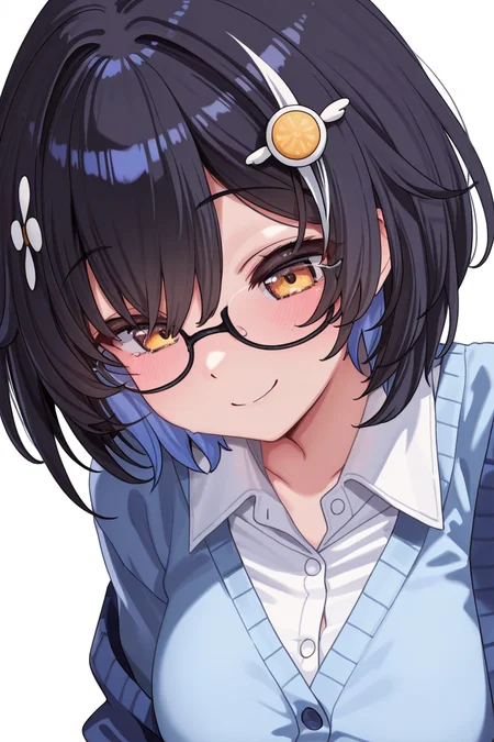 masterpiece, best quality, amazing quality,
 <lora:Hayama_IL:1> hayamasalt, 1girl, solo, blue cardigan, glasses, shirt, jacket, hair ornament, black hair, short hair, upper body, white background, multicolored hair, cardigan, smile, white shirt, collared shirt, virtual youtuber