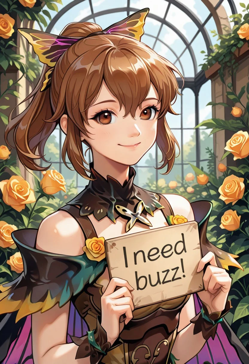 (1girl:1.2), (solo:1.1), need_buzz, holding sign, beautiful face, resplendent delthea,butterfly wings,fairy hair ribbon,fairy cape,fairy dress,yellow rose,wrist cuffs,fairy boots, looking at viewer, (close up), upper body, mid shot, seductive smile, Indoor, greenhouse, plants, beautiful flowers, masterpiece, good quality, best quality, very aesthetic, absurdres, scenery, volumetric lighting, Detailed face, detailed background, volumatic lighting, newest,