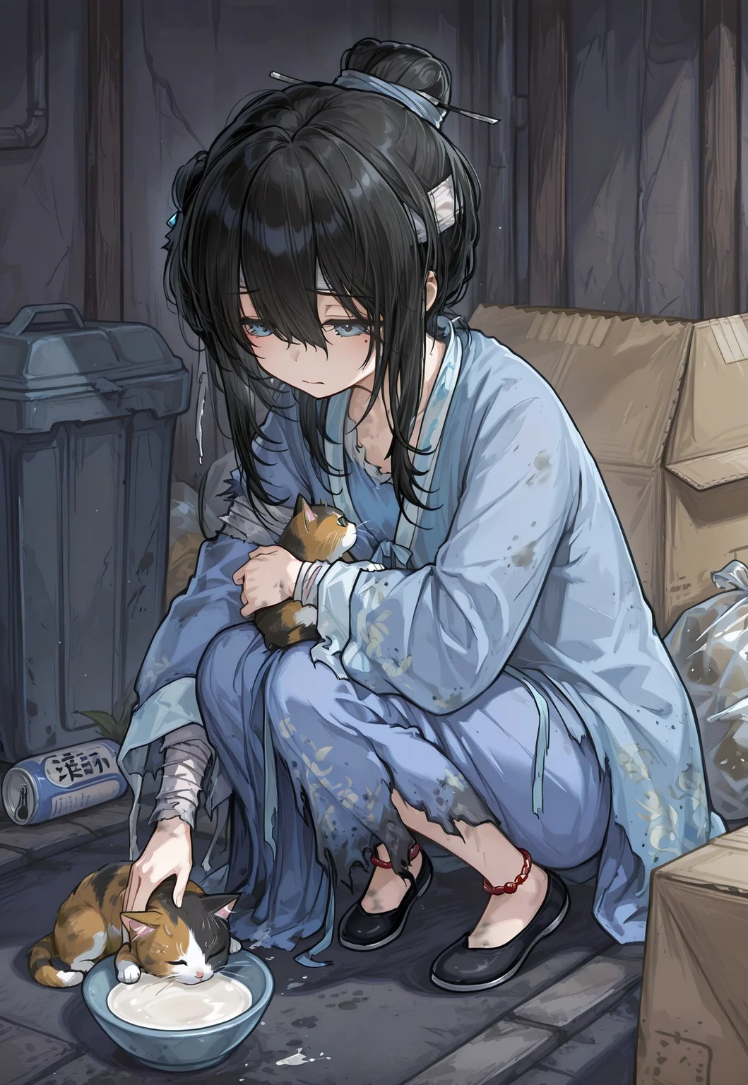 masterpiece, best quality, amazing quality, ultra quality, detailed, detailed background, very aesthetic, absurdres, dynamic composition,
hl_sui, 1girl, blue eyes, grey eyes, mole under eye, black hair, long hair, single hair bun, bangs, hair between eyes, sidelocks, torn clothes, torn dress, chinese clothes, hanfu, dirty clothes, long sleeves, black footwear, bandaged arm, bandaged head, bandaged leg, anklet,
cold, sad, hungry, half closed eyes, squatting, small cat, petting cat, cat drinking milk from a bowl,
poverty, torn clothing, dirty clothing, alley, trash, trash bags, trash can, cardboard, cardboard box, bowl, bottle, can