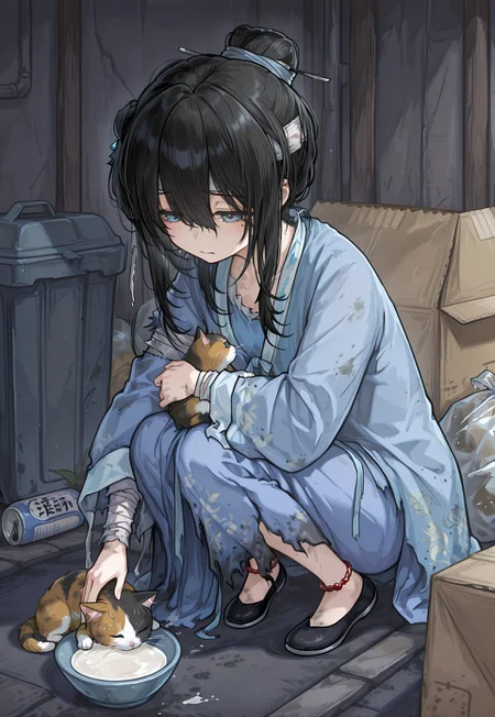 masterpiece, best quality, amazing quality, ultra quality, detailed, detailed background, very aesthetic, absurdres, dynamic composition, 
hl_sui, 1girl, blue eyes, grey eyes, mole under eye, black hair, long hair, single hair bun, bangs, hair between eyes, sidelocks, torn clothes, torn dress, chinese clothes, hanfu, dirty clothes, long sleeves, black footwear, bandaged arm, bandaged head, bandaged leg, anklet, 
cold, sad, hungry, half closed eyes, squatting, small cat, petting cat, cat drinking milk from a bowl,
poverty, torn clothing, dirty clothing, alley, trash, trash bags, trash can, cardboard, cardboard box, bowl, bottle, can