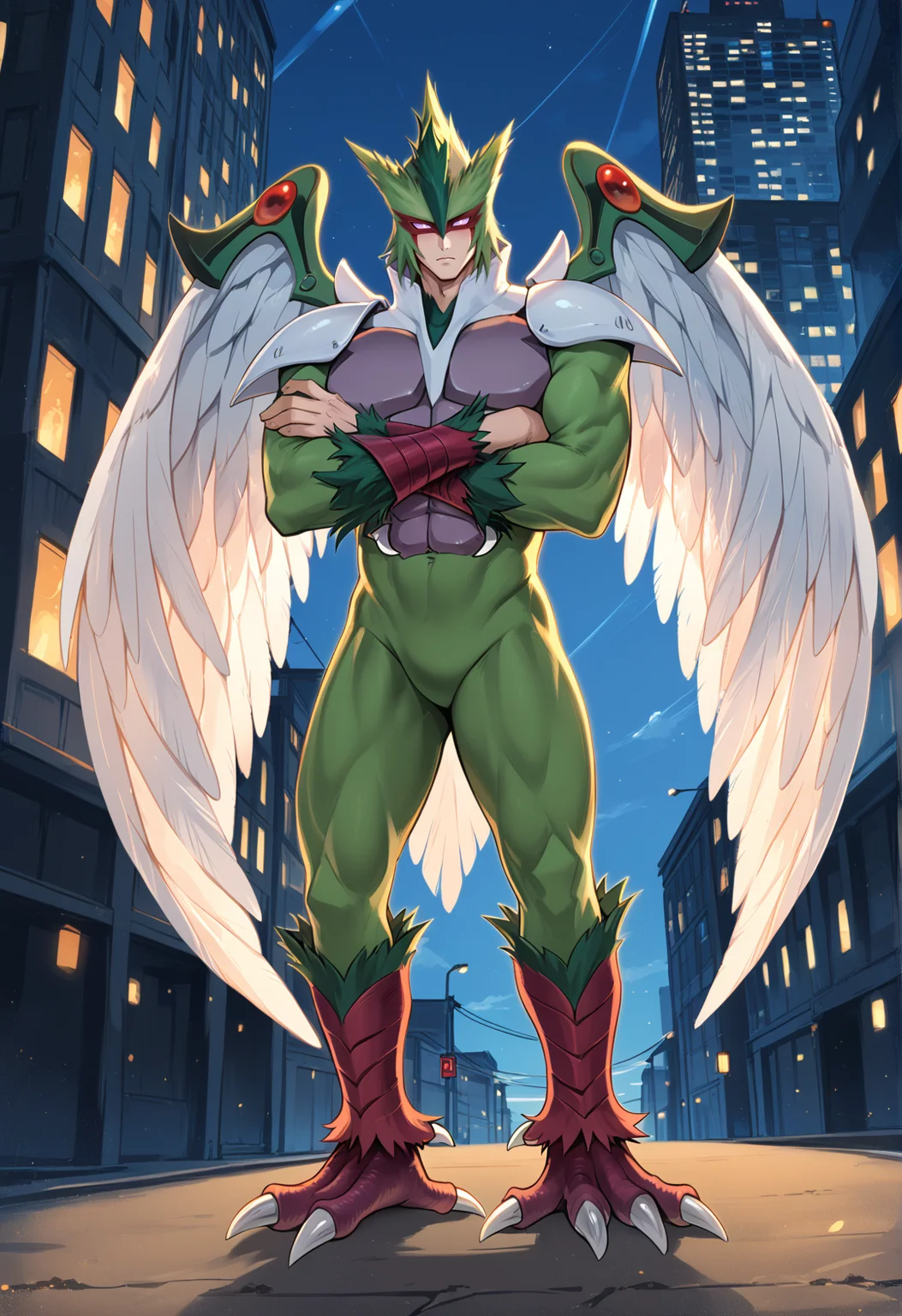 (score_9:0.9),score_8_up,score_7_up,rating_safe,anime style,(zPDXL),(zPDXL3),<lora:E hero flame wingman ponyXL v1.1:0.75>,elemental hero avian,male focus,1boy,standing,solo,full body,crossed arms,skyscraper,looking at viewer,muscular male,no pupils,