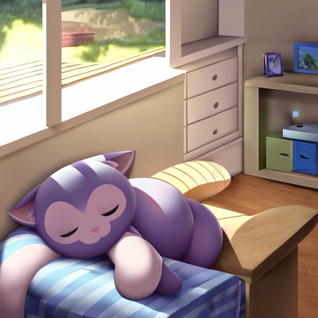 Day time, sunlight, living room, cute fluffy little cat sleeping on the couch, sleeping, eyes closed, cartoony, adorable, iluminated, focus, 1cat