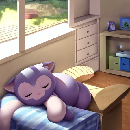 Day time, sunlight, living room, cute fluffy little cat sleeping on the couch, sleeping, eyes closed, cartoony, adorable, iluminated, focus, 1cat