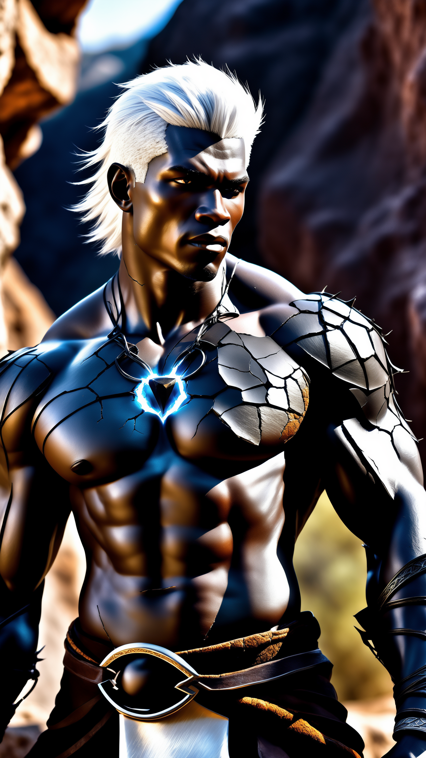 black humanoid made of rock, upper body, barechested, male,  ((masterpiece, best quality)), ultra detail, (realistic, raw photo), glass skin, white electricity coming through cracks, muscular male, (dragonborn:0.6), white hair, outdoors, detailed background, (AnimeRage), (Cracked Skin:1.4)