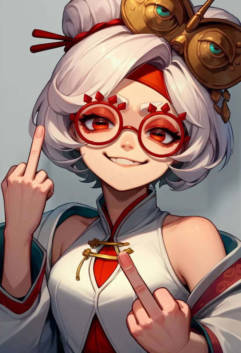 score_9, score_8_up, score_7_up, source_anime, upper body, horizontal pupils, <lora:HorizontalPupils_XLPD:1.1>, <lora:purah-pdxl-nvwls-v1:0.8> purah, hair ornament, red headband, red glasses, sleeveless shirt, white coat, middle finger, smirk,