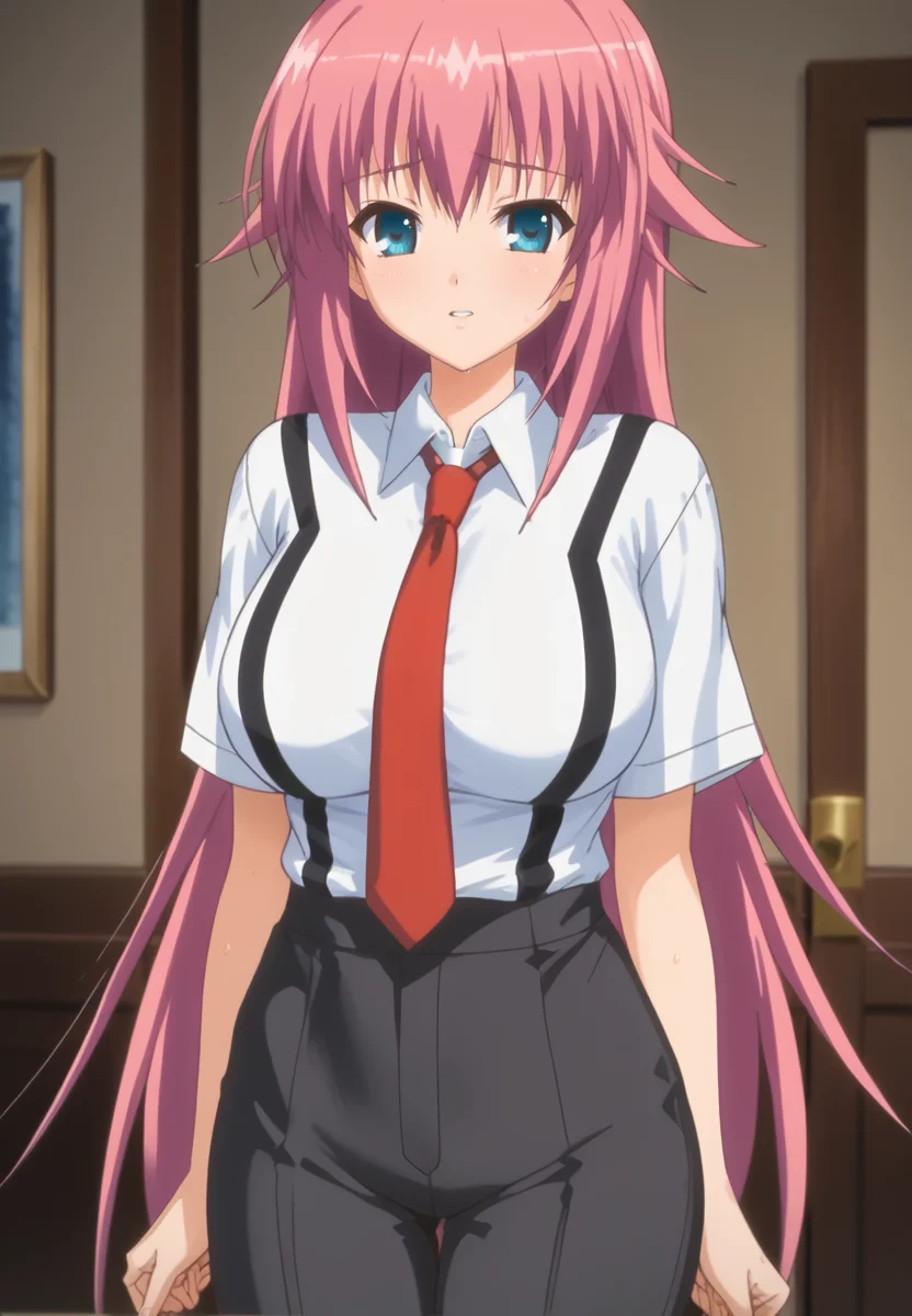zPDXL3, score_9_up, score_8_up, score_7_up, (Anime_source),Masterpiece,(perfect female body:1.2), small waist,(incredibly detailed:1.4), slim, beautiful fingers, beautiful white skin, Beautiful clear skin, (big breasts:1.2) (thick thighs:1.2), parted lips, standing, sweat, looking at viewer, big breasts, <lora:Aizawa_Suzuka_-_Dark_Blue-PONY-Kaleid:1> aizawa suzuka, 1girl, pink hair, blue eyes, long hair,(large breasts:1.5), white shirt, red necktie, black pants (facing viewer:1.6)