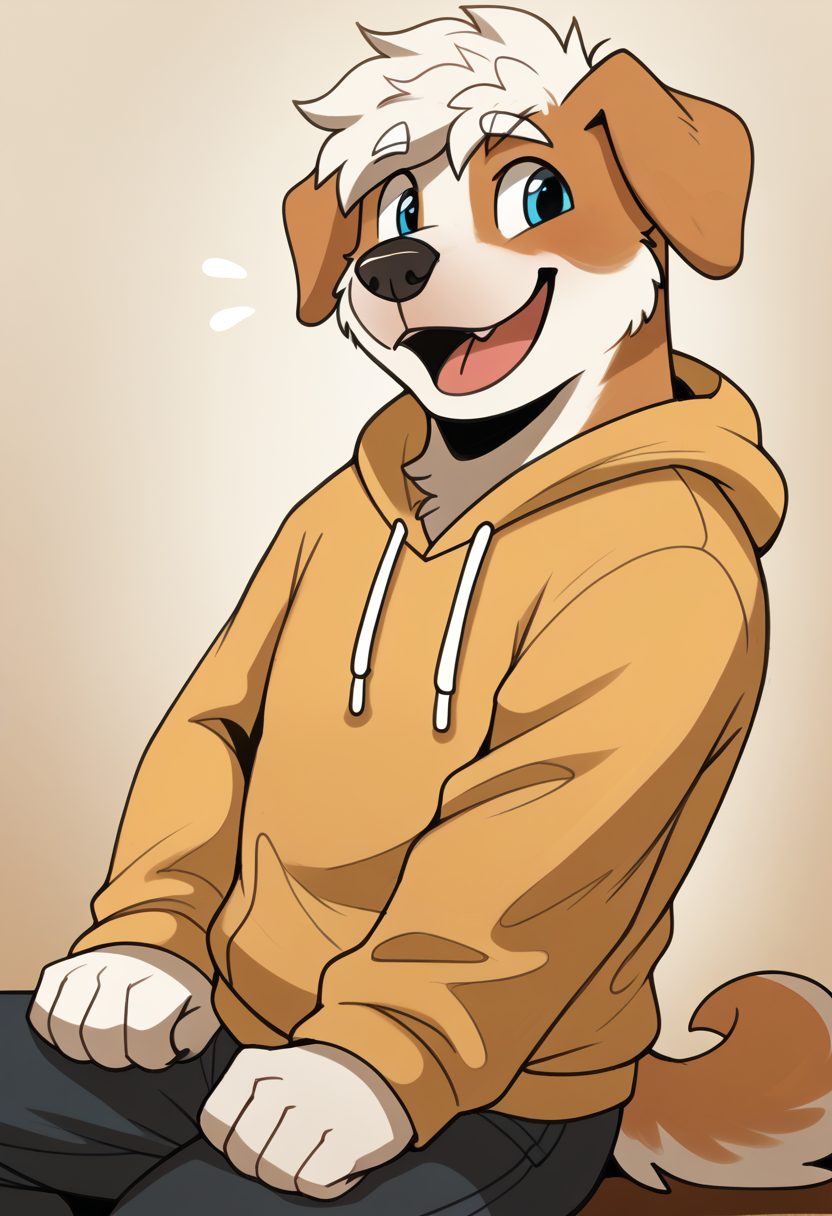 high quality, hires, by braeburned, furry, 1boy, solo, dog boy, st bernard dog, blue eyes, brown fur, white eyebrows, tail, happy, floppy ears, yellow hoodie, white hair, short hair, pants, two tone fur, <lora:Braeburned_style:1>