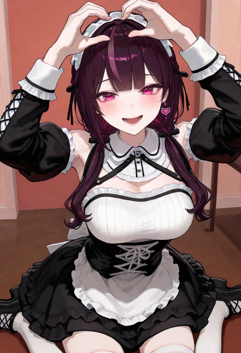 large breasts, detailed body, detailed eyes, cowboy shot, narrow waist,
mature female, korean, korean idol, jururu, virtual youtuber, 
(pale skin:1.1), (blush:1.2), looking at viewer, excited, open mouth, 
indoors, room, arms up, armpits, from above, close-up, heart hands, 
(1girl, solo:1.1), wariza, 
(complexion:1.2), healthy glow, long waist, long legs, 
masterpiece, best quality, good quality, newest, very aesthetic, absurdres,
<lora:ì£¼ë¥´ë¥´_ë©ì´ë_ì£¼ë©ì´ë__Jururu_Maid:0.7> maidruru, pink streaked hair, purple hair, low twintails, pink eyes, pink earrings, frills, maid headdress, maid apron, maid, bare shoulders, dress, white thighhighs, long sleeves, black footwear,