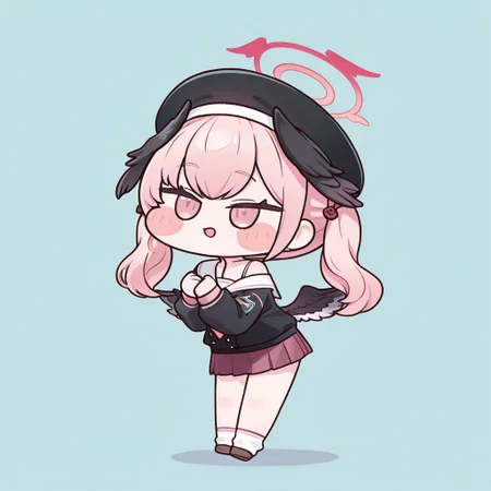 chibi, cute, full body, simple background,
Koharu_(Blue_Archive),pink_eyes, pink_hair, long_hair, twintails, head_wings, low_wings, pink_halo
head_wings, low_wings, pink_halo, school_uniform, black_shirt, white_sailor_collar, pink_neckerchief, off_shoulder, miniskirt, pleated_skirt, red_skirt, black_headwear, beret