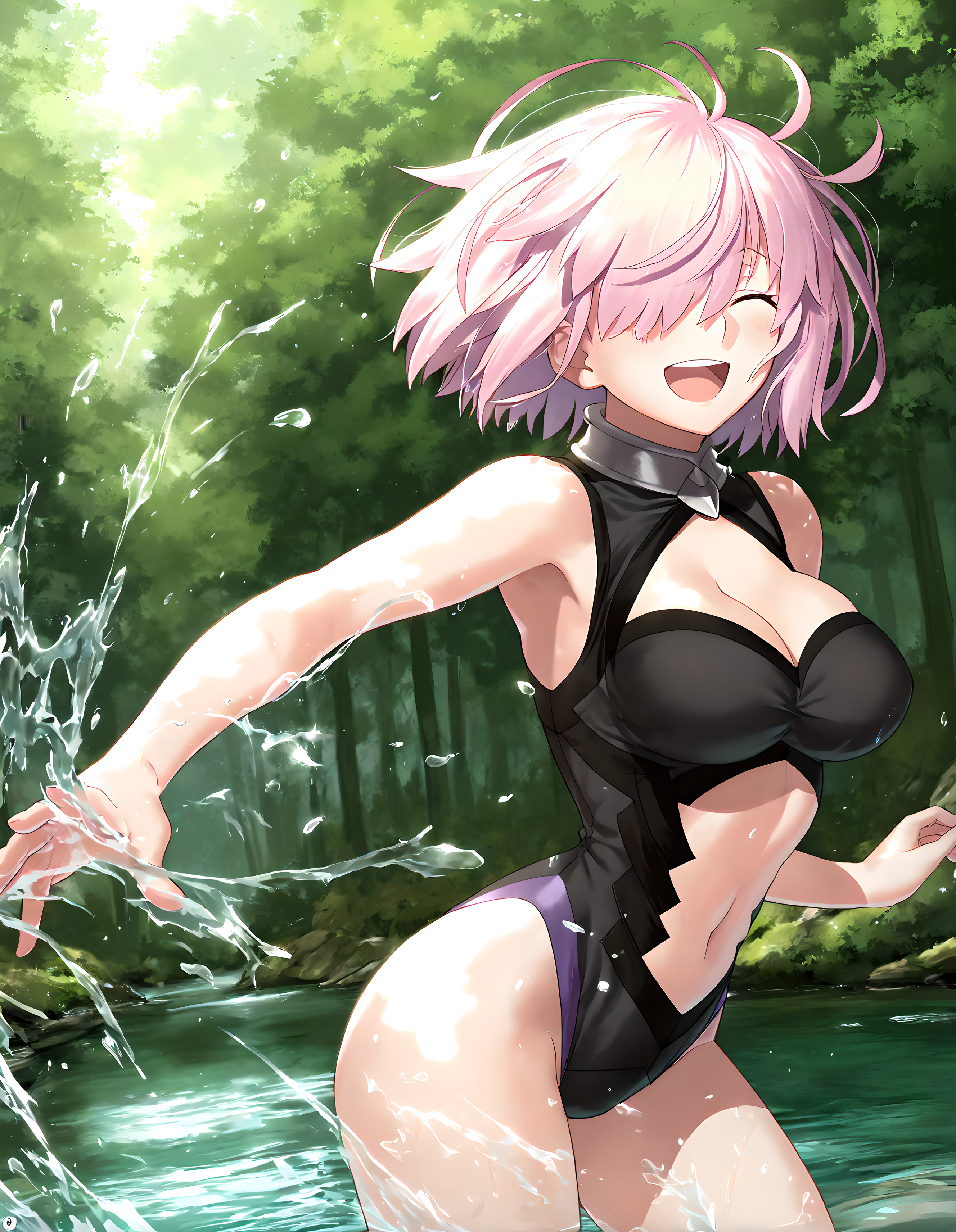 <lora:illustrious_XL_mash:0.9>,mash,masterpiece,best quality,good quality,1girl,solo,hair over one eye,bare shoulders,black leotard,cleavage,navel,bare hands,outdoors,nature,day,river,water,forest,wind,standing,water play,stand in the water,splashing water,cowboy_shot,smile,laughing,