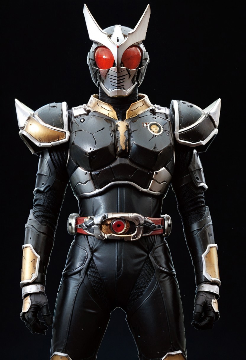 score_9, score_8, score_7, solo, armor, tokusatsu, bodysuit, helmet, rider belt, gunit, iron, black armor, red eyes