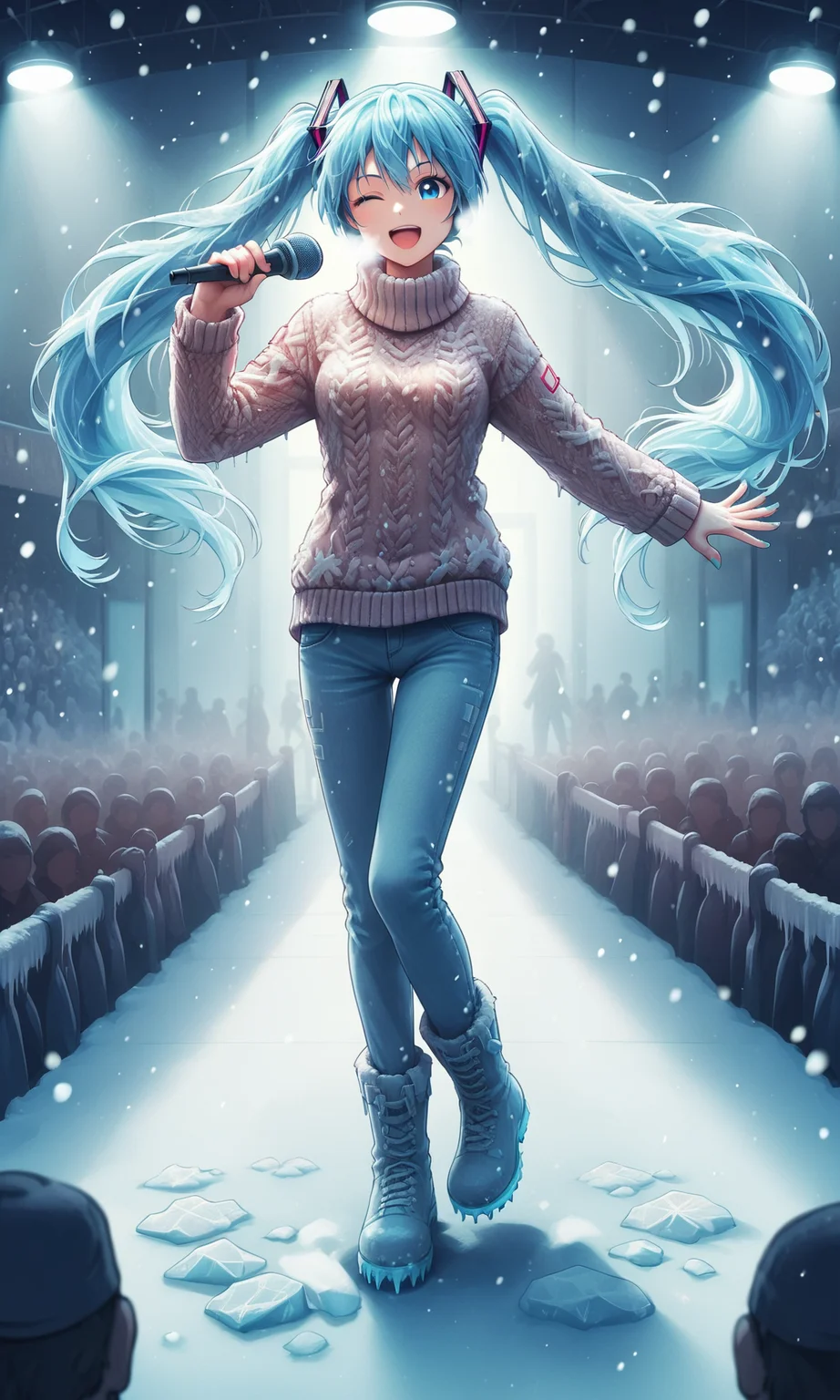 (source_anime:1.2), score_9, score_8_up, score_7_up, score_6_up, score_5_up, score_4_up, fr0stwrld, snow, ice <lora:Fr0stWrld4:0.9> BREAK
hatsune miku, blue hair, sweater, pants, boots, holding microphone, dancing, blue eyes, looking at viewer, wink, open mouth, steamy breath, spotlight, inside, concert, crowd