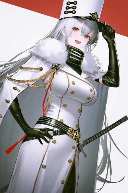 1girl, sovetskaya rossiya \(azur lane\),
(yoneyama mai:0.4), reoen, liduke, eboda-x, yuyumu,
cowboy shot, solo
azur lane, belt, black belt, black bodysuit, black gloves, bodysuit, breasts, buttons, coat, double-breasted, elbow gloves, gloves, grey hair, hair between eyes, hand on headwear, hand on own hip, large breasts, long hair, looking at viewer, open mouth, red eyes, simple background, smile, solo, standing, upper body, very long hair, white background, white coat, white hair, white headwear, winter clothes, winter coat
masterpiece, peaked cap, hat,
A young girl with long blue hair and a sailor outfit. she is wearing a black top hat with a red ribbon around the brim and a gold emblem on the front. the outfit consists of a white jacket with gold buttons and a black belt with a buckle. she has a pair of black gloves on her hands and is holding a sword in her right hand. the girl has a serious expression on her face and is looking off to the side. the background is plain white.
best quality, very aesthetic, highres, absurdres, sensitive