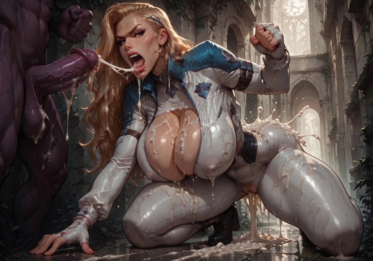 Realistic photo, best quality, (realistic: 1.4), (masterpiece: 1.4), vivid colors, bright colors, absurdres,
BREAK
1girl, nsfwdagger, blonde hair,
gigantic perky breasts, covered nipples, skindentation, fighting against monsters, angry, in stress, shouting, action stance, full of cum, cum on floor, cum in pussy, excessive cum, monsters with hard cocks, ((monsters)), cum dripping from cock, aggressive monsters, top view, far away view,