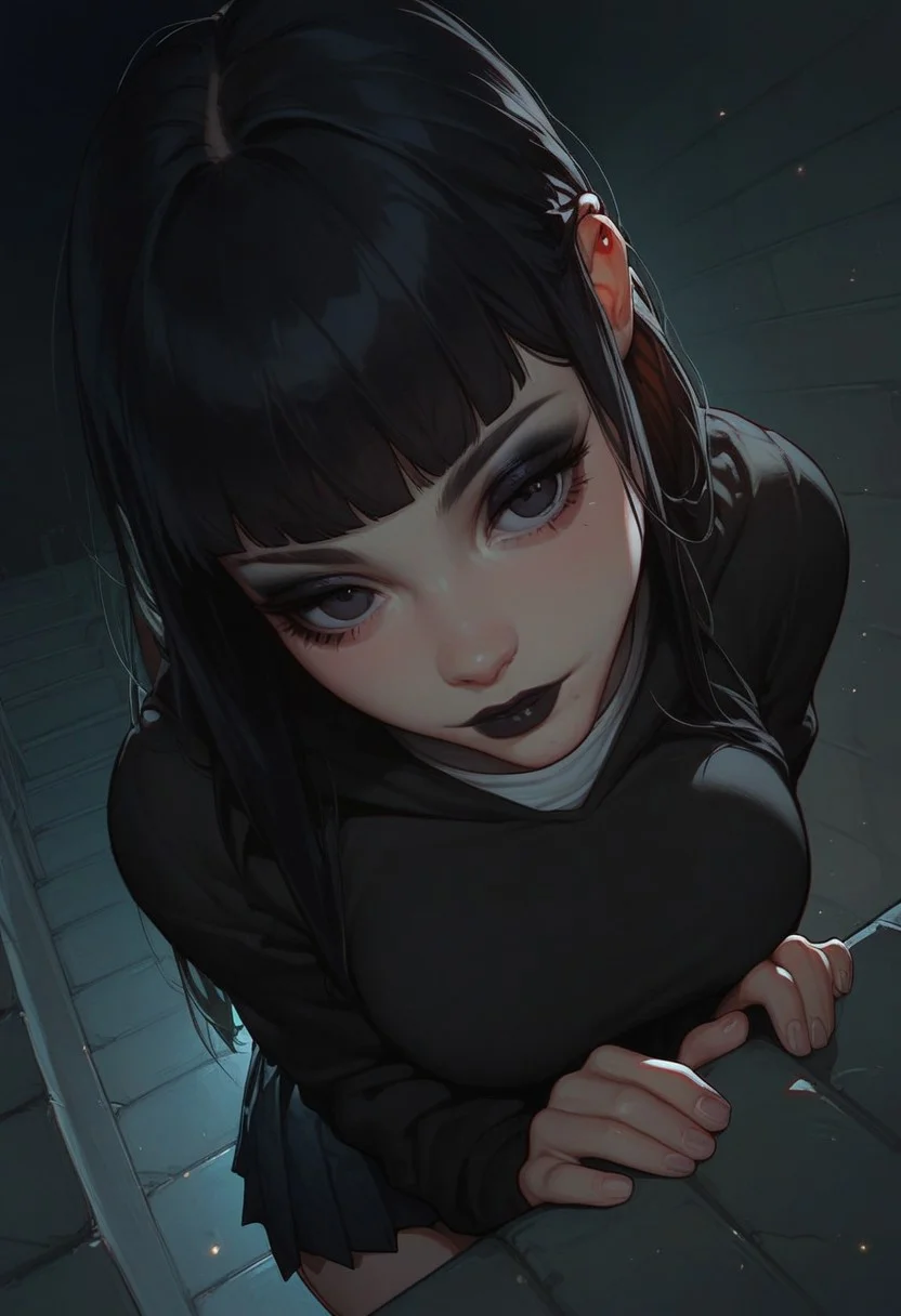 score_8_up, score_7_up , score_9, black hair, long hair, blunt bangs, solo, black eyes, dynamic lighting, goth, eyeshadow, black lipstick, medium breasts, white shirt, black hoodie, pleated skirt, leaning forward, dynamic angle, night, ledge, (face close-up:1.5), relaxed, high angle view