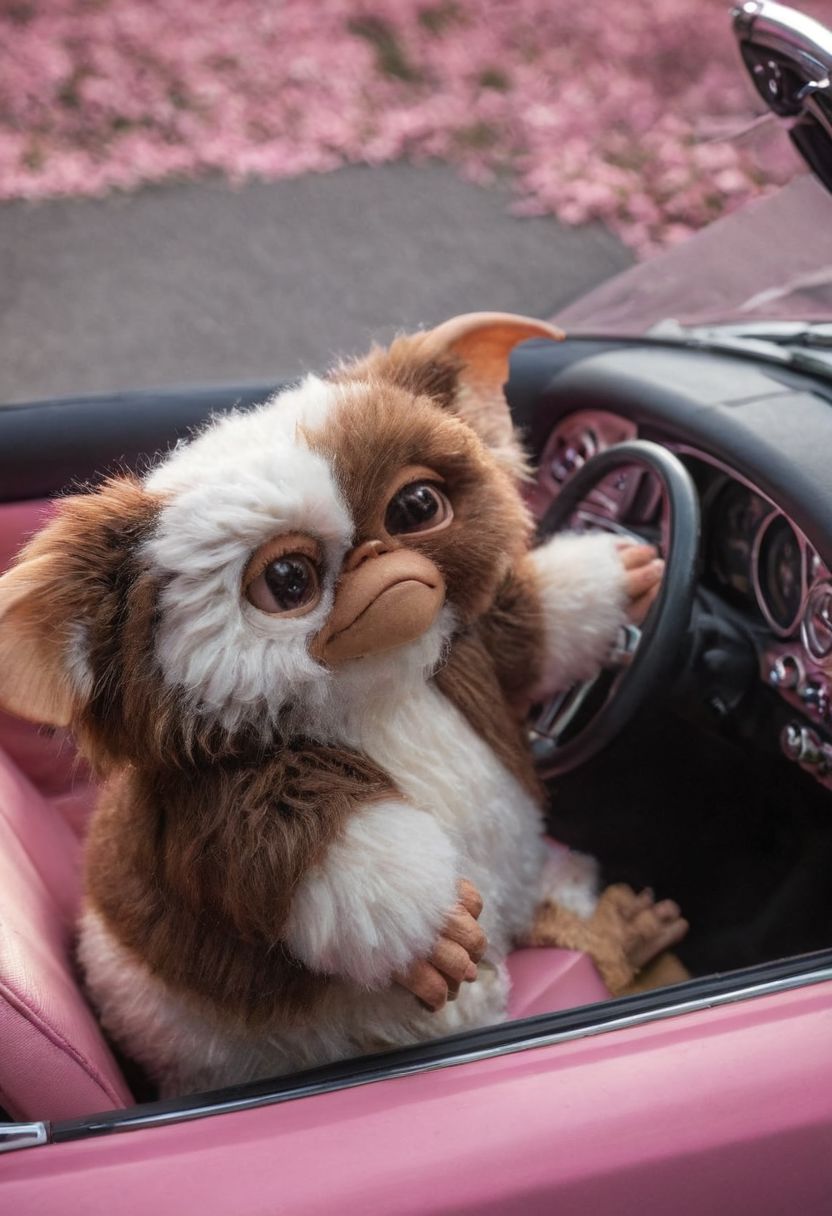 amazing quality, masterpiece, best quality, hyper detailed, ultra detailed, UHD, perfect anatomy, portrait, dof, hyper-realism, majestic, awesome, inspiring, - a fluffy cute #giz# gizmo driving a pink convertible car toy , Hands the steering, wheel down, hair moving through speed ,cinematic composition, soft shadows, national geographic style,