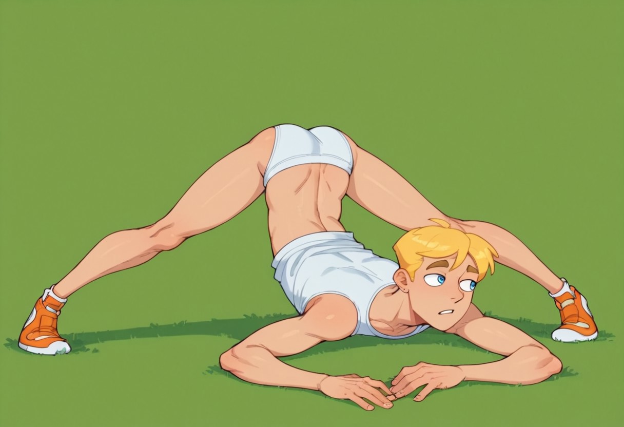 score_9, score_8_up, score_7_up, score_6_up, score_5_up, score_4_up, flexible, solo, green background, male focus, wide spread legs, top-down bottom-up, full body, spread legs, signature, stretching,
Jeremy, solo, blonde hair, 1boy, male focus, blue eyes,