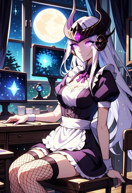 score_9_up, score_8_up, score_7_up, source_Syndra, sitting on a chair, (short maid dress, sexy maid dress, fishnet thight stockings), masterpiece, perfectly detailed, detailed face, detailed background, 1girl, BREAK, glowing white hair,
window, monitor, night view, night, stars, glitter, sparkles, mist, dramatic lighting, glowing eyes, purple eyes, full moon, long white hair, monitor on the desk, syndra head piece