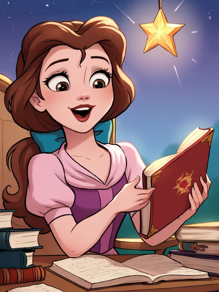 score_9, score_8_up, score_7_up, belle, a cartoon girl reading a book in a chair, 1girl, solo, long hair, smile, open mouth, brown hair, dress, bow, brown eyes, puffy sleeves, star sky, night sky, holding book,    <lora:princesscomic_pony_v1:0.95>
