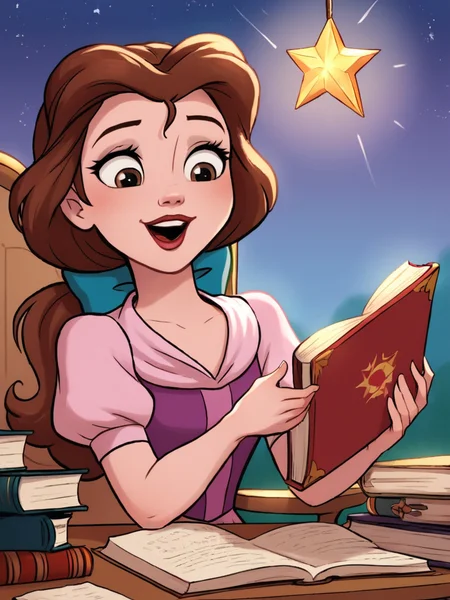 score_9, score_8_up, score_7_up, belle, a cartoon girl reading a book in a chair, 1girl, solo, long hair, smile, open mouth, brown hair, dress, bow, brown eyes, puffy sleeves, star sky, night sky, holding book,    <lora:princesscomic_pony_v1:0.95>