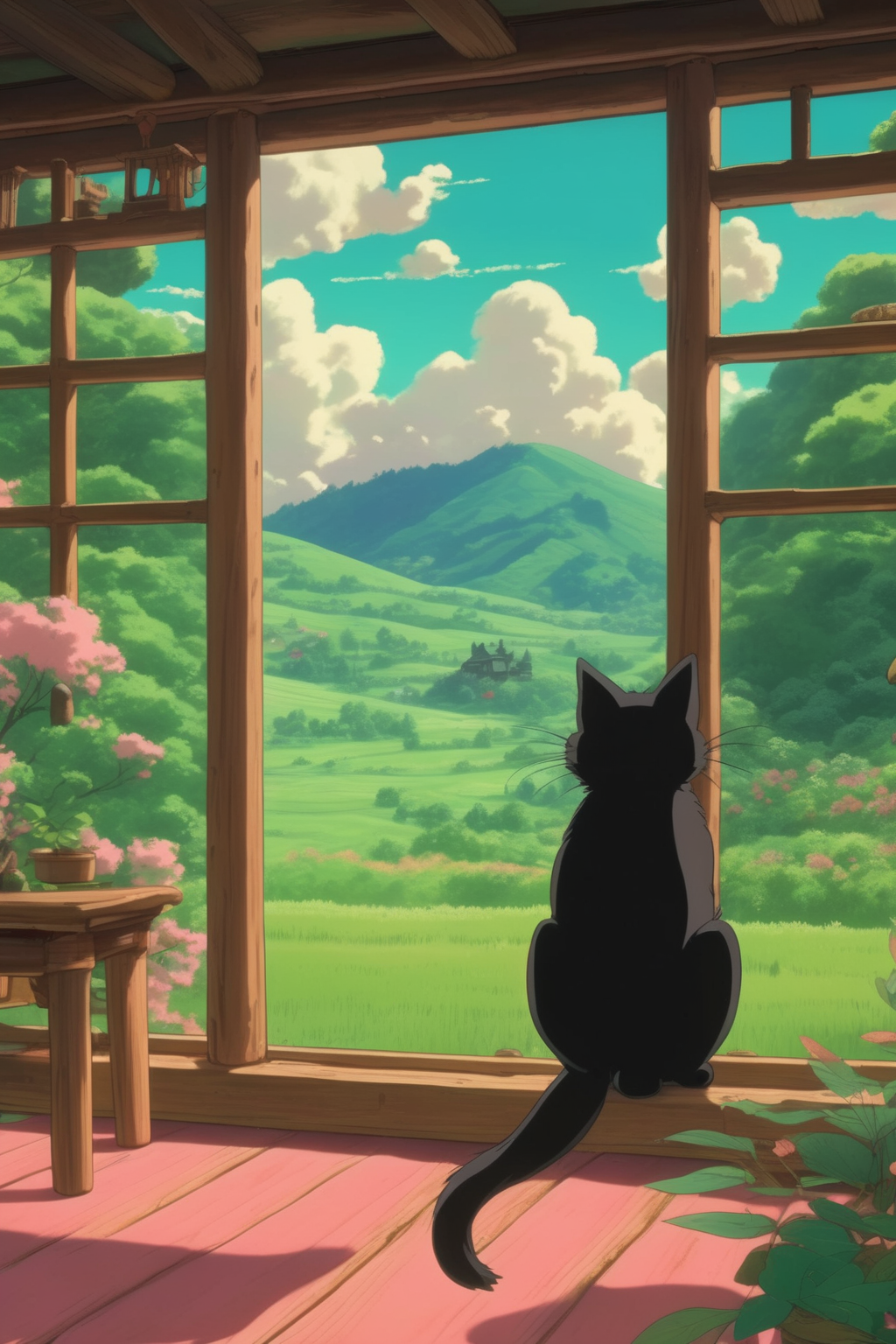 <lora:Studio Ghibli Style:1>Studio Ghibli Style - Studio ghibli style, big cute black cat is looking out of big wood paned window at a big pink dog wood tree, rolling green hills in background, aesthetic furniture in foreground