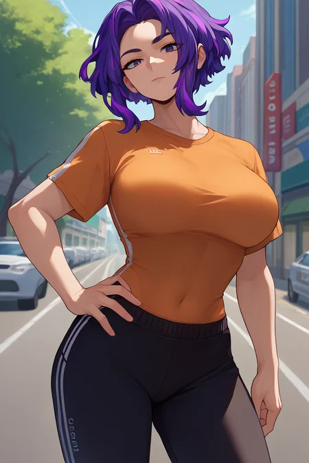 score_9, score_8_up, score_7_up, score_6_up, source_anime, BREAK 1girl, solo, <lora:ladynagant-pdxl-nvwls-v1-000005:1> ladynagant, purple hair, streaked hair, short hair, purple eyes, large breasts, orange t-shirt, sunglasses, track pants, black pants, looking at you, city, hand on hip, tree