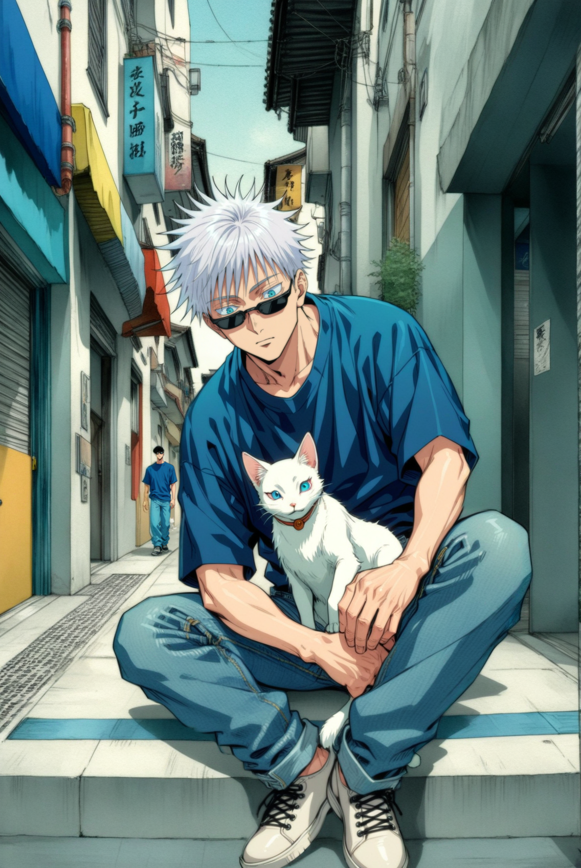 1boy, male focus, gojou satoru, jujutsu kaisen, sunglasses , (90s anime style:1.5), front view, outdoors, street view, (looking down:1.3), perfecteyes, shirt, denim shorts, (a single white cat sitting next to them) <lora:detailed_notrigger:1> <lora:ParchartXL_CODA:0.2> <lora:Isometric Cutaway:1> <lora:PerfectEyesXL:1> <lora:Surreal Harmony:0.2>