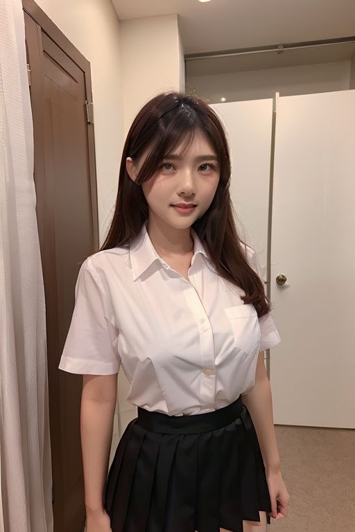 vanessa, kghsv3, black skirt, breast pocket, pleated skirt, school uniform, white shirt, shirt tucked in, short sleeves,